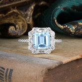 2.5CT Radiant Cut Aquamarine Engagement Ring Pave Halo Bridal Ring